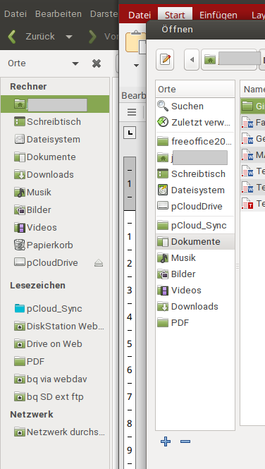 Links: Navigationsleiste des Dateimanagers Caja<br />Rechts: Navigationsleiste von TM Freeoffice 2018, Dialog &quot;Datei öffnen&quot;