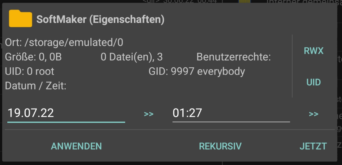 Eigenschaften des Ordners /storage/emulated/0/SoftMaker - mit TotalCommander für Android angezeigt