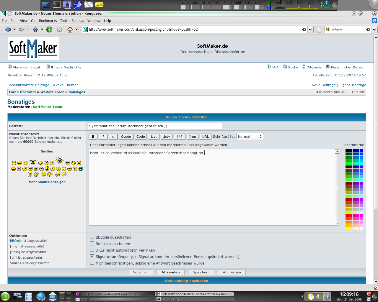 Screenshot vom gesamten Bildschirm - man vergleiche die rechts oben angegebene Zeit mit der per ntpd gestellten Systemuhr unten rechts