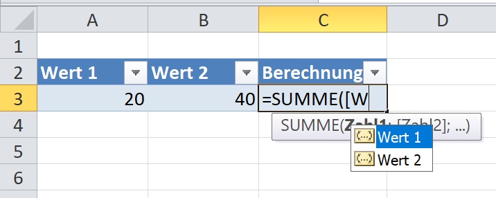 Beispiel für die Eingabe des Namens einer Tabellenspalte