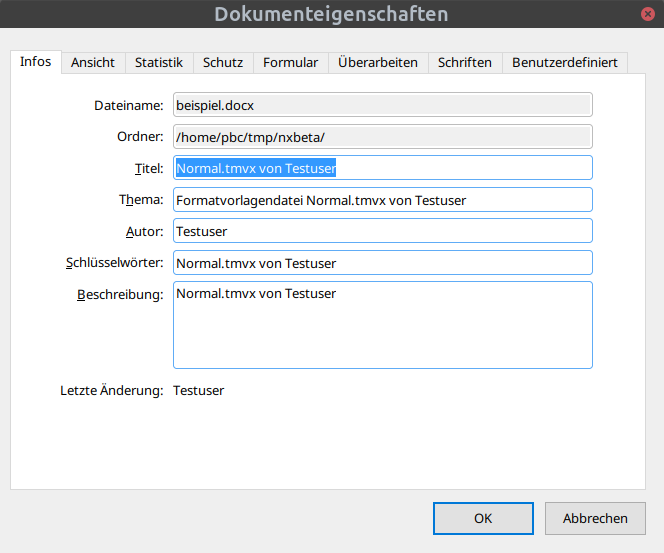 Von TextMaker aus Normal.tmvx übertragene Dokumenteigenschaften